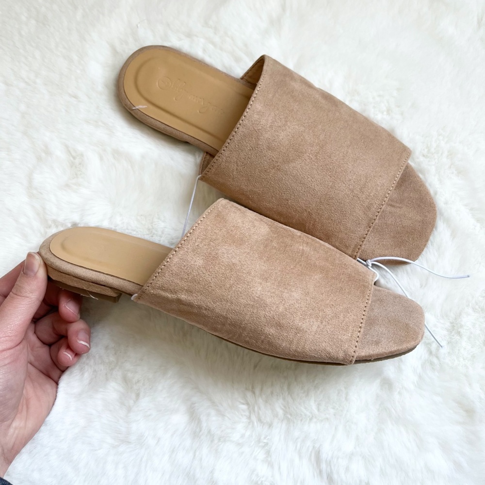 Lily Morgan Slip On Square Toe Sandals Suede Flat Slide Beige Tan Nude Size 7 - Picture 2 of 5